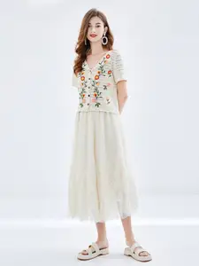JC Collection Floral Embroidered Top & Skirt Co-Ords
