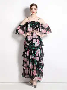 JC Collection Floral Printed Cold-Shoulder Top With Layered Maxi Skirt