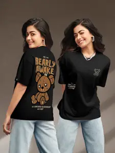 Bewakoof Black Typography Printed Drop Shoulder Sleeves Cotton T-shirt