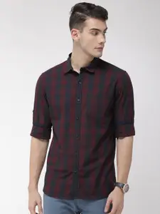 HIGHLANDER Men Navy Blue & Maroon Slim Fit Checked Casual Shirt
