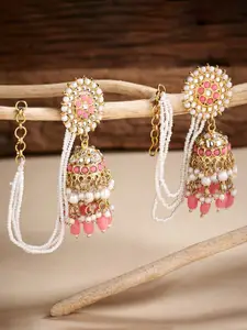 ATIBELLE Gold-Plated Pearl Stone-Studded Contemporary Chained Jhumkas