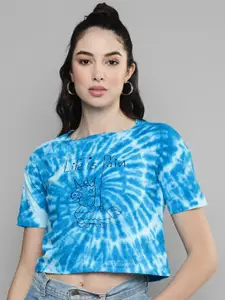 Kook N Keech Blue & White Tie & Dye Extended Sleeves Knitted Pure Cotton Crop T-Shirt
