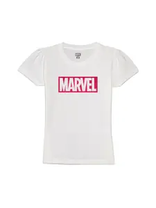Wear Your Mind Girls Marvel Typography Printed Puffed Sleeves Pure Cotton T-Shirt