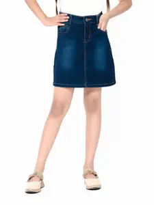 Bodycare Kids Girls Mid-Rise Washed Stretchable A-Line Denim Skirt