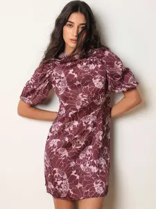 RAREISM Floral Printed Puff Sleeves Blouson Mini Dress