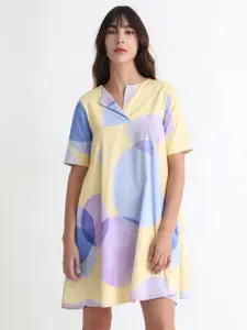 RAREISM Abstract Printed Shirt Collar Neck & Pleated Detailed Cotton A Line Dress