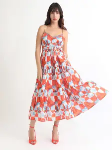 RAREISM Abstract Printed & Tie Up Detailed Cotton Fit & Flare Tiered Dress