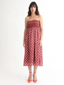 RAREISM Red & White Polka Dot Printed Strapless Cotton Fit & Flare Midi Dress
