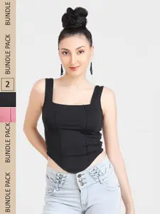 Designer Bugs Pack Of 2 Square Neck Sleeveless Fitted Crop Tops