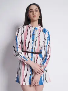 DressBerry Abstract Printed Band Collar Shirt Dress With Belt