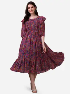 Fashion2wear Floral Printed Bell Sleeves Ruffles Detail Georgette Fit & Flare Midi Dress