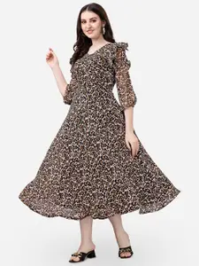Fashion2wear Animal Printed Ruffles Detail Georgette Fit & Flare Midi Dress
