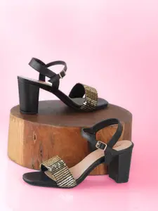 Anouk Black And Gold-Toned Embellished Block Heels