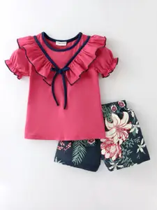 CrayonFlakes Girls Pink & Navy Blue Top with Shorts