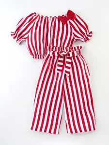 CrayonFlakes Girls Red & White Striped Top with Trousers