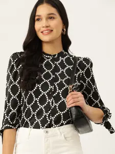 DressBerry Black & White Geometric Print Slit Sleeve Shirt Style Top