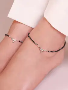 Zavya Women 925 Set of 2 Rhodium-Plated Artificial Stones & Beads Sterling Silver Anklet
