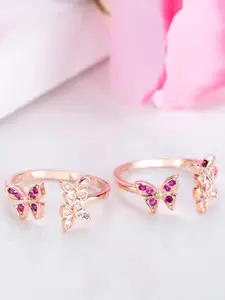 Zavya Women Set of 2 Rose Gold-Plated CZ Studded Sterling Silver Floral Toe Rings