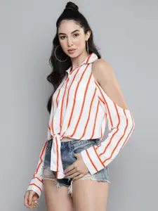 Kook N Keech White & Orange Striped Cold-Shoulder Sleeves Cotton Top
