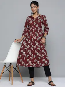 HERE&NOW Floral Printed Sweetheart Neck Pure Cotton Kurta