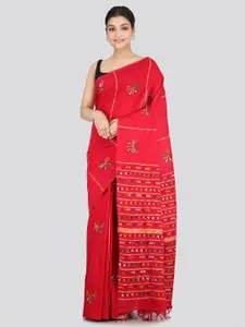 PinkLoom Ethnic Motifs Embroidered Kantha Work Pure Cotton Saree