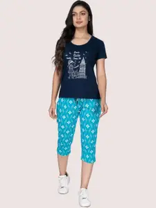 StyleAOne Pure Cotton Printed Top & Capri Night Suit
