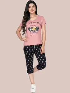 StyleAone Women Printed Pure Cotton Top & Capri Night Suit