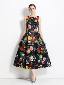 JC Collection Floral Printed Boat Neck Fit & Flare Midi Dress