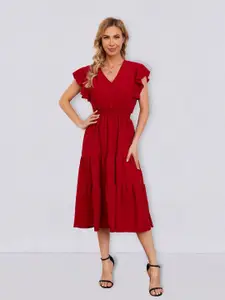 JC Collection Flutter Sleeves Smocked Casual Fit & Flare Midi Dress