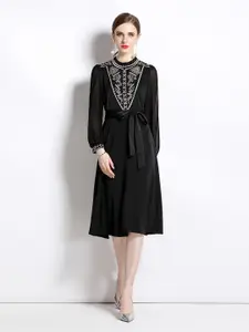 JC Collection Embroidered Mandarin Collar Fit & Flare Dress