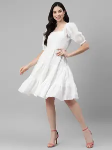 DEEBACO White Puff Sleeve Linen Fit & Flare Dress