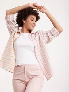 Pink Fort White Striped Cotton Shirt Style Top