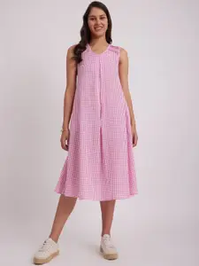 Pink Fort Pink Checked A-Line Midi Dress