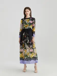 JC Collection Black Floral Print Fit & Flare Midi Dress
