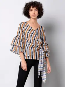 FabAlley Yellow Striped V-Neck Bell Sleeves Georgette Wrap Top