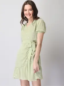 FabAlley Green Puff Sleeve Georgette Shirt Dress