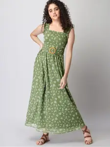 FabAlley Olive Green Floral Print Georgette Maxi Dress