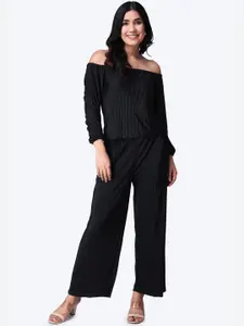 Popwings Polyester Self-Design Off-Shoulder Top With Palazzos
