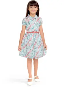 Doodle Girls Conversational Printed Satin Fit & Flare Dress With Belt