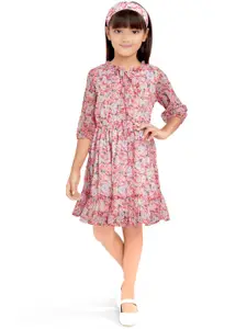 Doodle Girls Pink & White Floral Printed Fit & Flare Dress