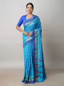 Unnati Silks Blue & Brown Floral Zari Pure Cotton Handloom Chettinad Saree