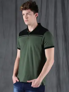 WROGN Men Olive Green Solid Slim Fit Solid Polo Pure Cotton T-shirt
