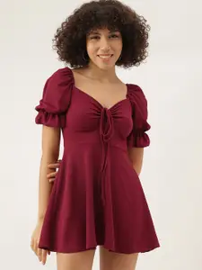AAHWAN Solid Puff Sleeve Fit & Flare Mini Dress