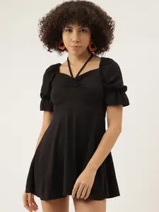 AAHWAN Solid Puff Sleeve Fit & Flare Mini Dress
