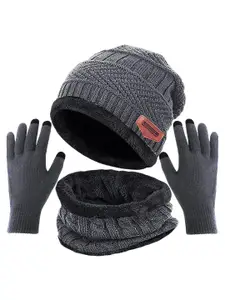 Aadikart Women Self Design Wool Beanie & Neck Scarf With Gloves