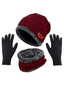 Aadikart Women Self Design Wool Beanie & Neck Scarve With Gloves