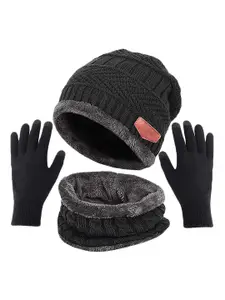Aadikart Women Self Design Wool Beanie & Neck Scarve With Gloves