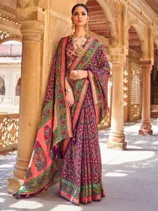 Anouk Purple & Green Ethnic Motifs Pure Georgette Banarasi Saree