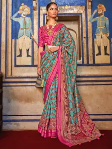 Anouk Blue & Pink Ethnic Motifs Printed Pure Georgette Bandhani Saree