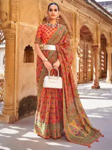 Anouk Orange & Green Ethnic Motifs Printed Sequined Pure Georgette Patola Saree